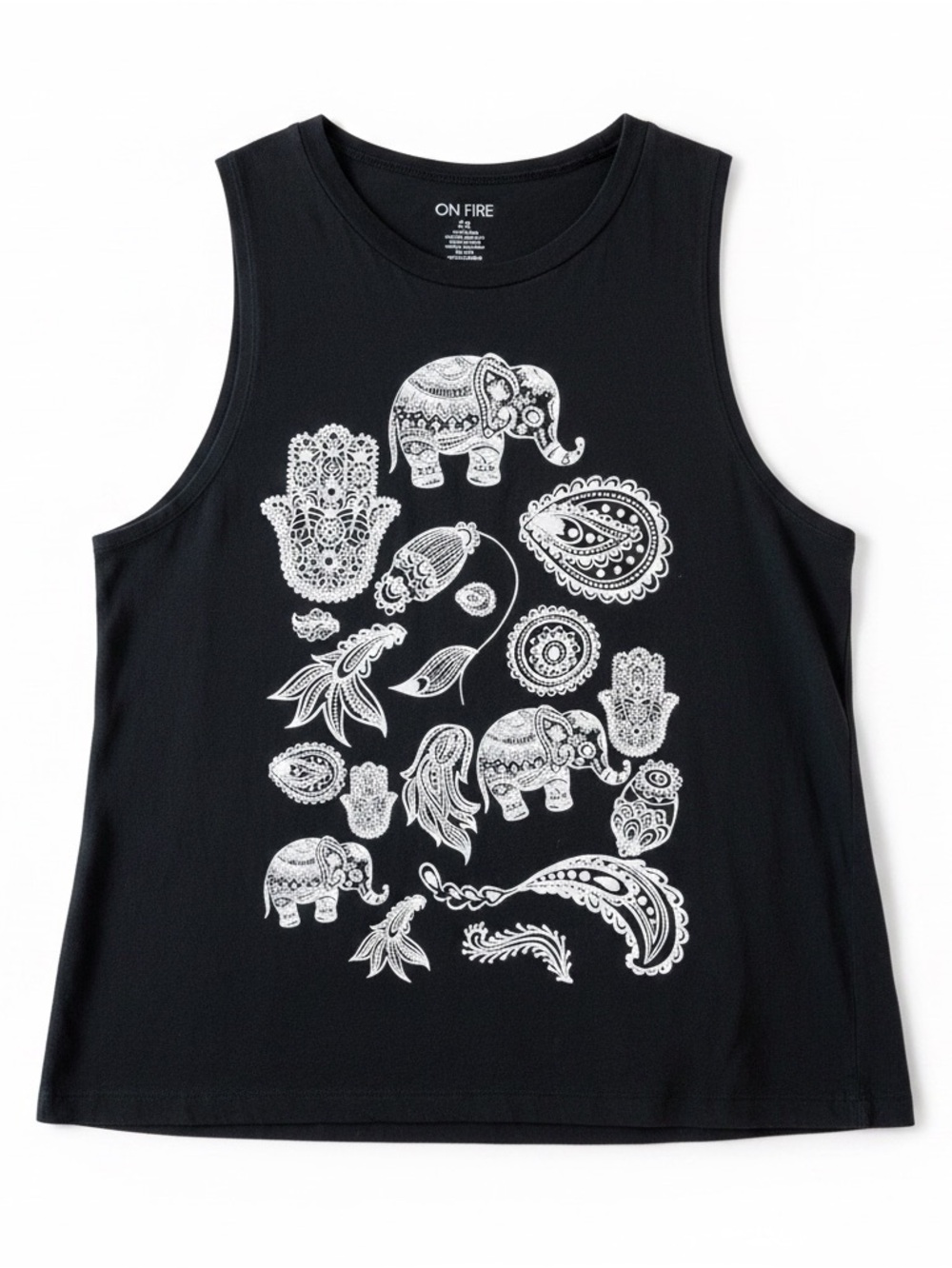 On Fire Black Elephant Hamsa Boho Graphic Tank Top 2X